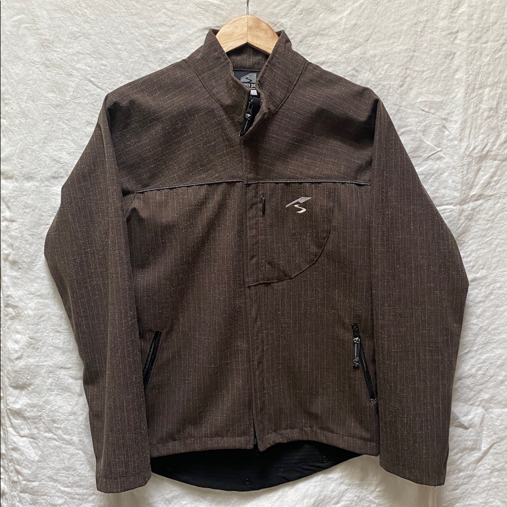 Showers Pass Men’s Cycling Rain Jacket Brown/Gray Pinstripe Vented Reflective SM